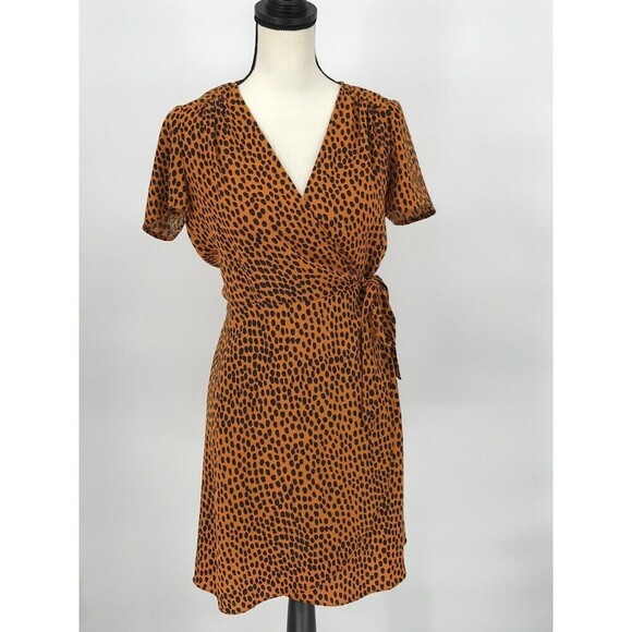 J.Crew Orange Black Spotted Drapey Twill Wrap Dress Sz 0 | Chic Short Sleeve - Picture 1 of 9